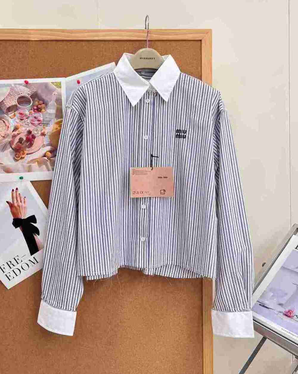 Miu Miu Contrast Collar Striped Cropped Raw Hem Shirt